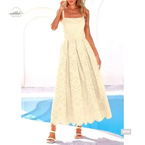 Sleeveless Maxi Dress with Eyelet Hollow Out Square Neck Ruffle Beach - Picture 6 of 7